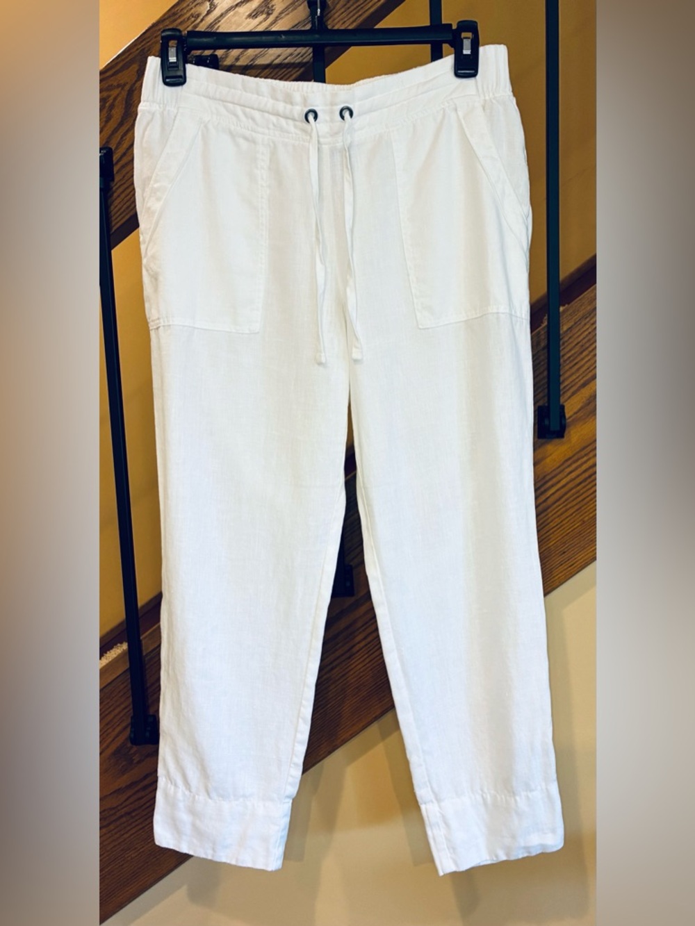 Athleta Pants 100% Linen Drawstring Elastic  Waist Pockets Ankle White SZ. 10